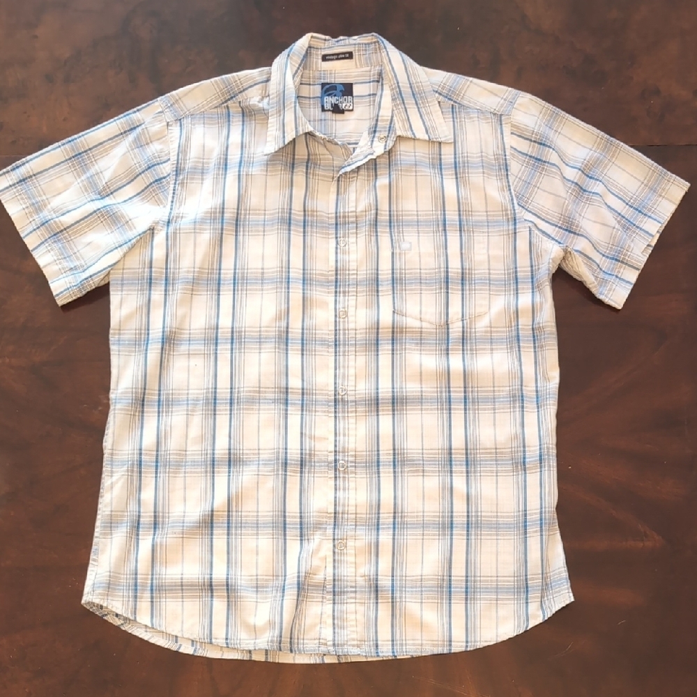 Anchor Blue 90s Vintage Men's Blue and Cream Plaid Shirt Medium